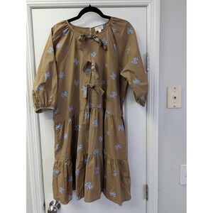 Lovelo Brown Blue Bow Print Tiered Midi Dress Pockets Tie Front Womens Medium